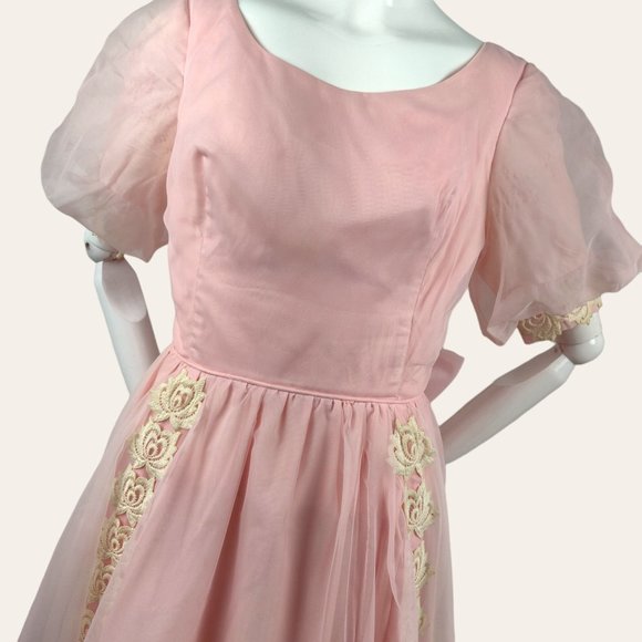 Vintage 1960s Sheer Pink Party Dress Prom Dress MOD MCM Puff Sleeves Lace Prince - Picture 2 of 14